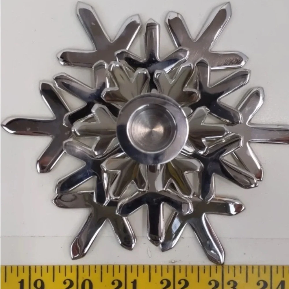 Crate and Barrel Pair of Silver Snowflake Candle Holders